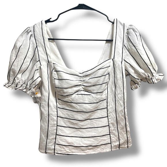 E.ssue White & Black Striped Puff Sleeve Square Neck Ruched Front Blouse Small - Picture 1 of 13